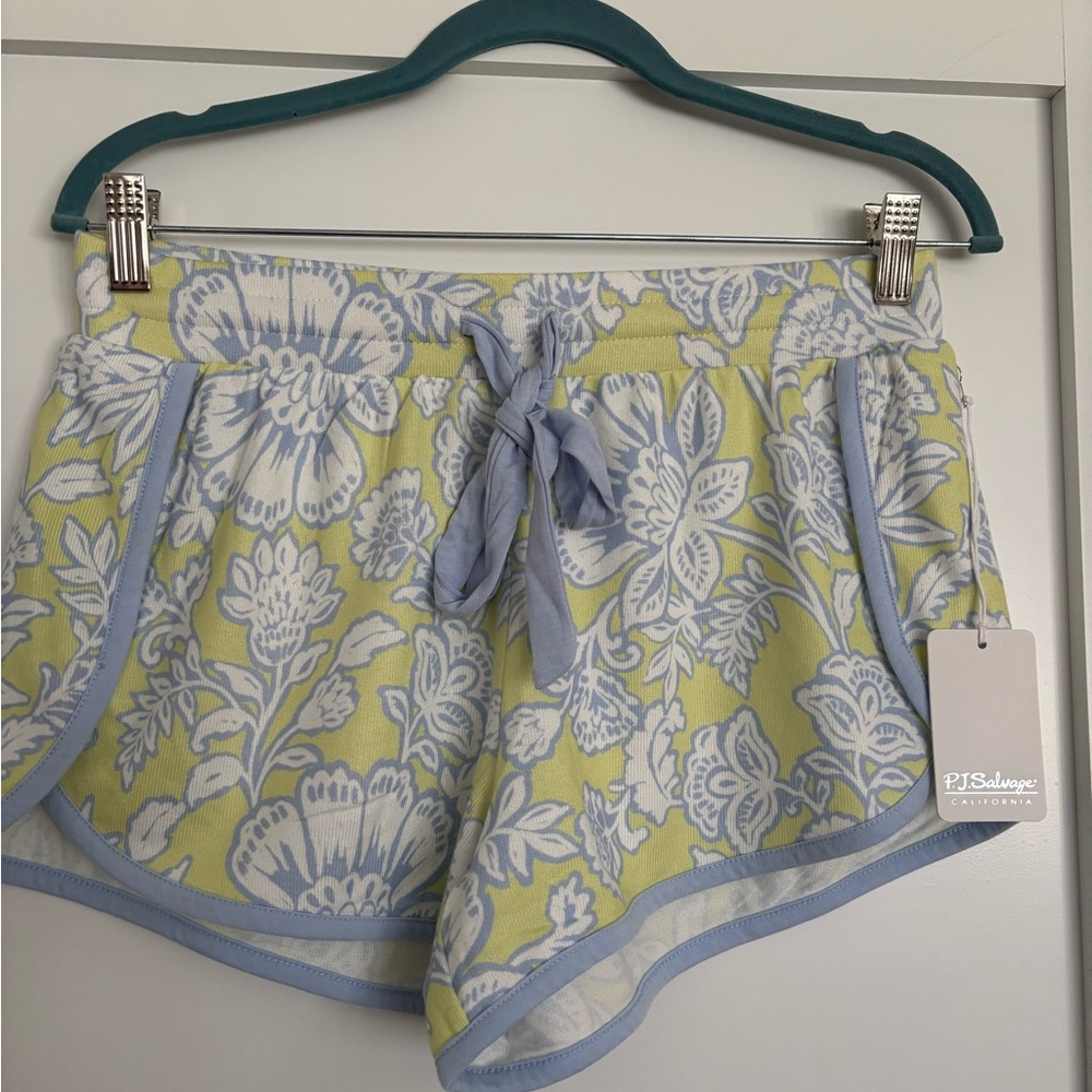 PJ Salvage Green Floral Pajama Shorts with Light Blue Trim and Drawstring